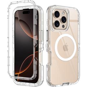 I-HONVA for iPhone 16 Pro Max Case Clear [Non Yellowing] [Compatible with MagSafe] Shockproof 3-Layer Full Body Protection Rugged Heavy Duty Cover Case for Apple iPhone 16 Pro Max 6.9",Clear