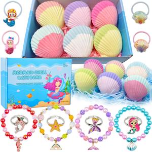 Mermaid Bath Bombs for Kids Girls with Surprise Inside, 6 Pcs Natural Fizzy Princess Fun Shell Bubble Bath Bomb Kit with Jewelry Toys, Christmas Easter Basket Stuffer Valentines Day Birthday Gift Set
