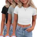 3 Pack Girls' Crop Tops Short Sleeve Teen Ribbed Crew Neck T Shirts Kids Fitted Side Ruched Summer Casual Tees 11-12y