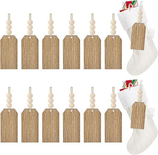 LIKAJON 12PCS Christmas Stocking Name Tags, DIY Unfinished Personalized Wooden Bead Blank Tags, Farmhouse Xmas Stocking Hanging Tags Gift Tags for Christmas Stocking Home Farmhouse Decor
