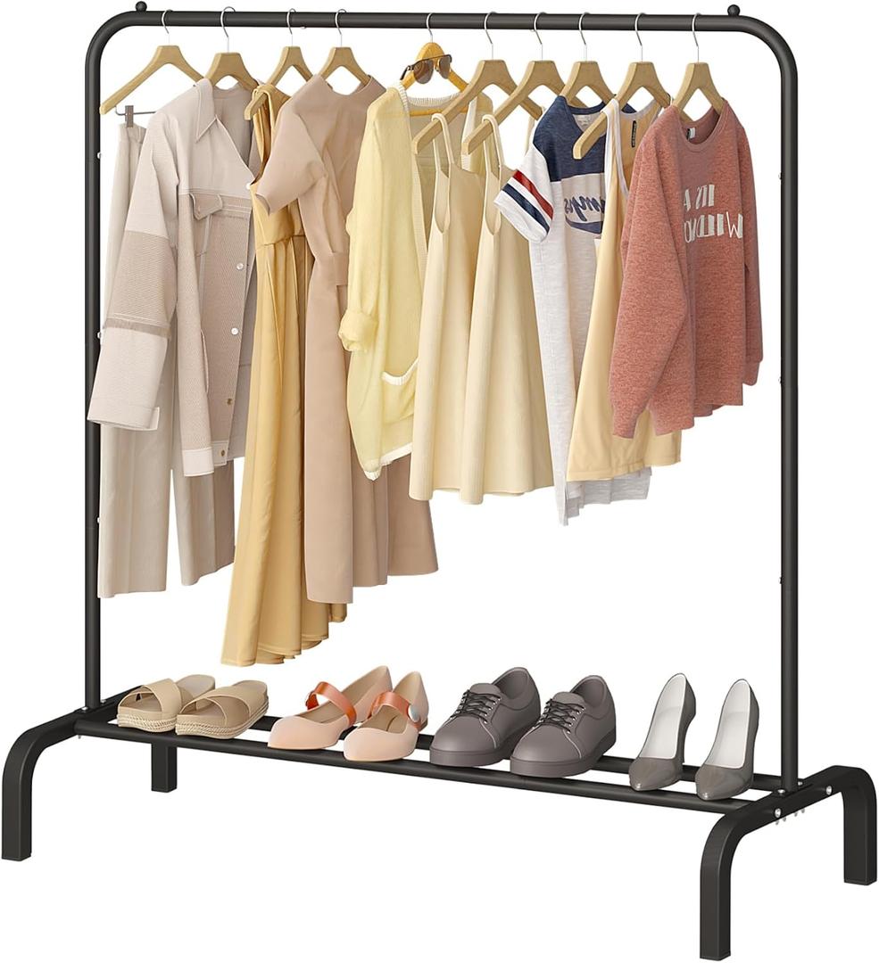 JIUYOTREE Metal Clothing Rack, 43.3 Inches Garment Rack with Bottom Shelf for Hanging Clothes, Coats, Skirts, Shirts, Sweaters, Black (43.3"W x 15.75"D x 61"H without wheels)