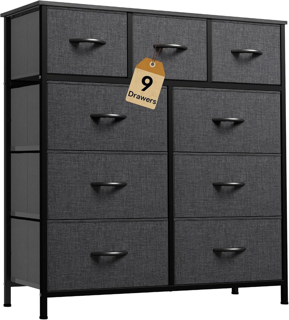 DWVO 9 Drawers Dresser for Bedroom, Fabric Storage Tower for Living Room, Entryway - Sturdy Steel Frame, Wooden Top & Easy Pull Fabric Bins (Black Grey Print)