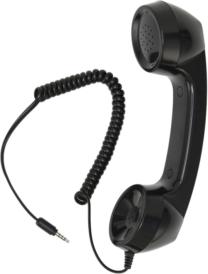 Retro Telephone Handset, 3.5mm Wired Handset Receiver with Microphone and Speaker, Volume Control, 9-Foot Coiled Cord for Smartphones and Computers (Black)