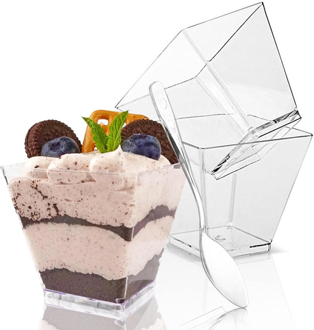 50 Pack 3.5 oz Square Dessert Cups with Spoons, Mini Plastic Parfait Appetizer Cups, Clear Reusable Small Shooter Cups, Serving Bowls for Tasting Party Samples Dessert Shot Glasses
