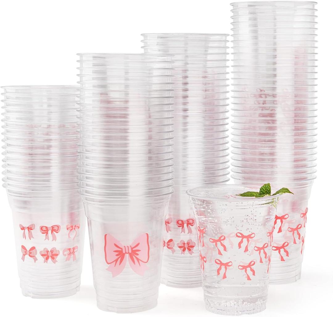 150 Pack Pink Bow Party Plastic Cups 12 oz Coquette Bow Disposable Drinking Cups for Bachelorette Bridal Shower Birthday Party Decorations
