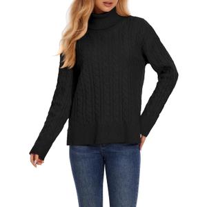 ZANZEA Turtleneck Sweater Women Long Sleeve Oversized Pullover Spilt Hem Chunky Cable Knit Jumper Fall Sweaters 2025 (Medium, Black)