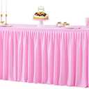 Pink Polyester Table Clothes for 8 Foot Rectangle Tables, Wrinkle Free Fitted Table Cover with Pleated Ruffle Table Skirt for Birthday Party Wedding Trade Show Event Display