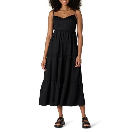 Amazon Essentials Women's Fit and Flare Empire Waisted Cotton Sateen Tiered Maxi Dress, Black, Medium
