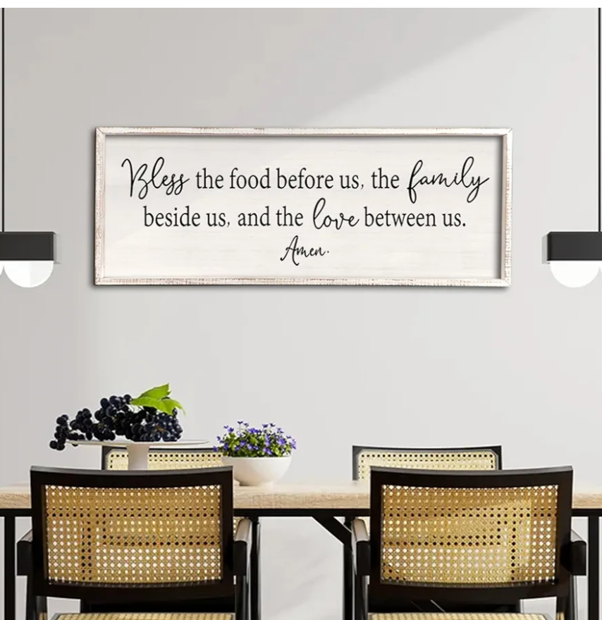 Bless the Food Before Us Sign Wall Decor 31.5"X12" Large Farmhouse Dining Room Wall Decor Framed Wood Rustic Home Wall Art Kitchen Decoration (White)