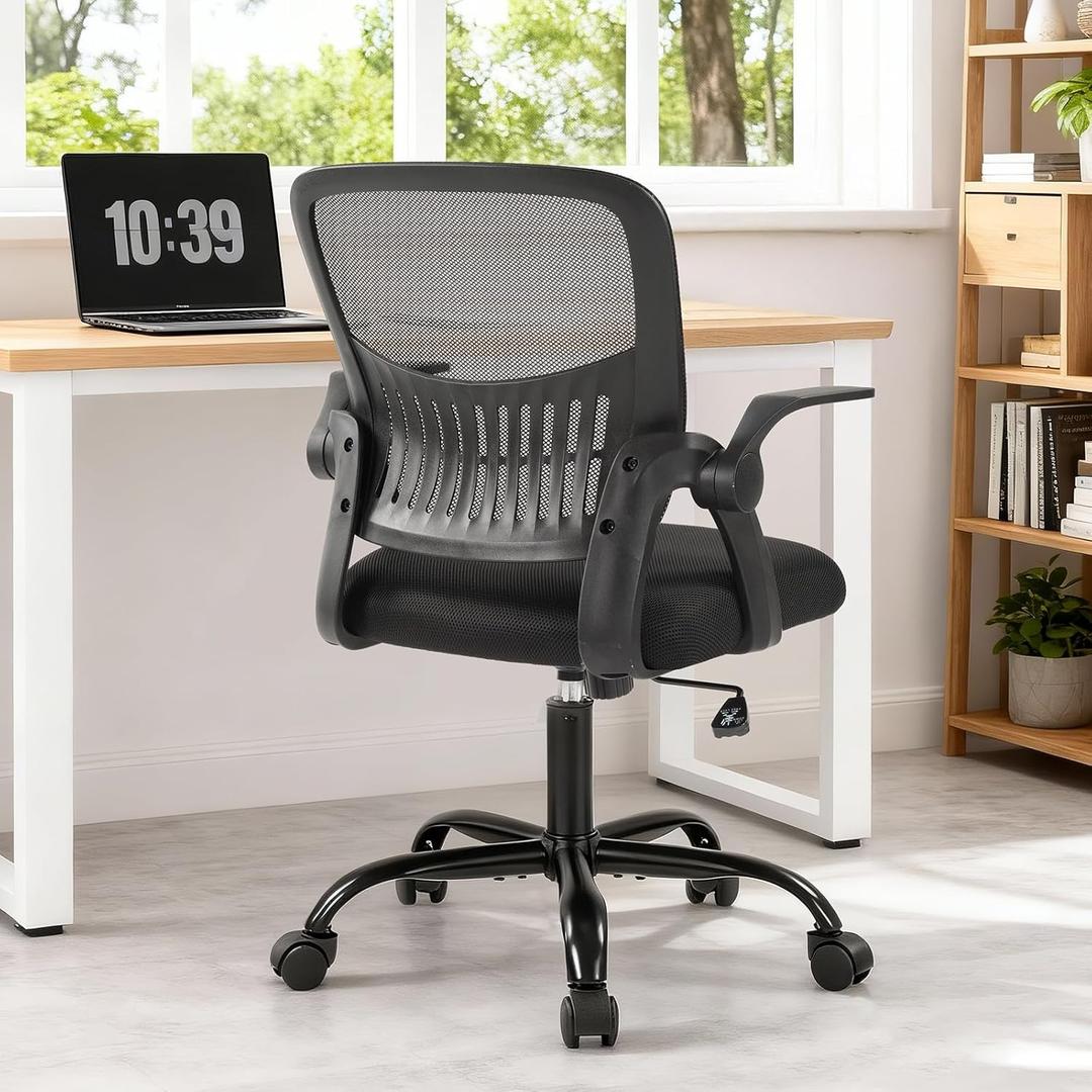 Sweetcrispy Home Office Managerial Executive Chair, Flip Up Armrest Ergonomic Mesh Adjustable Swivel Mid-Back Computer Desk Chair with Comfortable Lumbar Support, Comfy Arms for Bedroom,Study (Black)