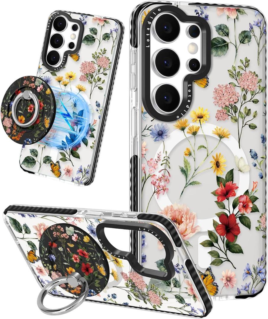 Lotadilo Cute Case for Samsung Galaxy S26 Ultra for Women Girls - Funny Retro Flower Design Compatible with Magsafe Magnetic Ring Holder Kickstand Fashion TPU Phone Covers