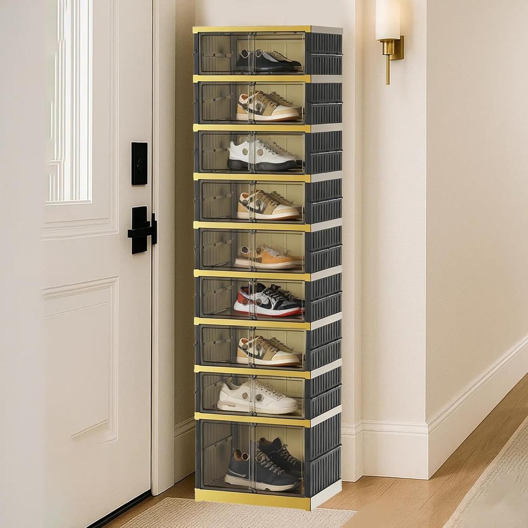 SYNCVIBE Foldable Shoe Rack, 9-Tier, 18 Pairs, 17.3" Wide, Black Gold | Foldable Shoe Organizer, Collapsible Shoe Cabinet with Doors, Stackable Shoe Shelves for Closet, Entryway and Living Room
