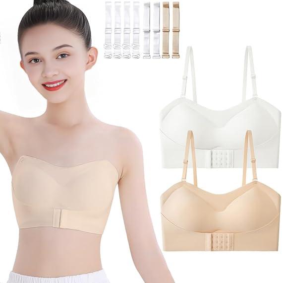 Teen Girls Strapless Bandeau Bra 2 Pack Seamless Underwear Dance Ballet Bralettes for 12-14  Years