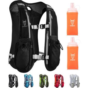 Running Vest, 5L Hydration Vest Lightweight, Breathable and Sweatproof Running Backpack, Adjustable Running Hydration Vest for Trail Running Marathon Race Jogging Cycling (Black Vest 5L with 2 x Soft Flask)