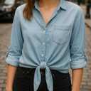 Dauocie Women's Front Tie Tops Casual 3/4 Roll Up Sleeve Button Up Shirts with Pocket (Blue, XXL)