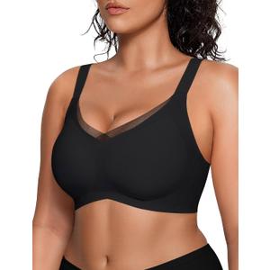 Vertvie Wireless Bras Women Seamless Jelly Supportive Mesh Crossover Bra No Underwire Push Up Full Coverage T-Shirt Bralette (XX-Large, Black)