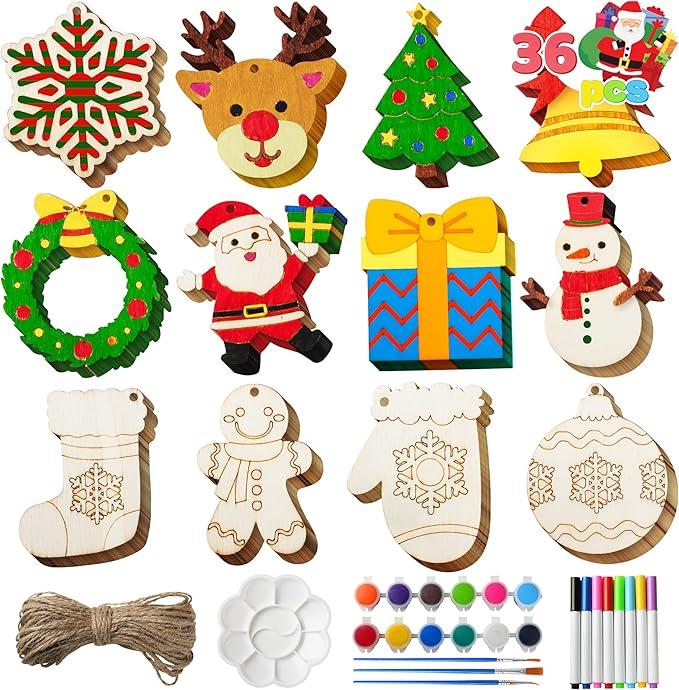 JOYIN 33Pcs Christmas Wooden Hanging Ornaments Craft Kits, Unfinished Blank Wood Ornaments to Paint for Kids, Arts & Crafts Bulk, DIY Decorations Coloring Making Set for School Activities(Age 8+)