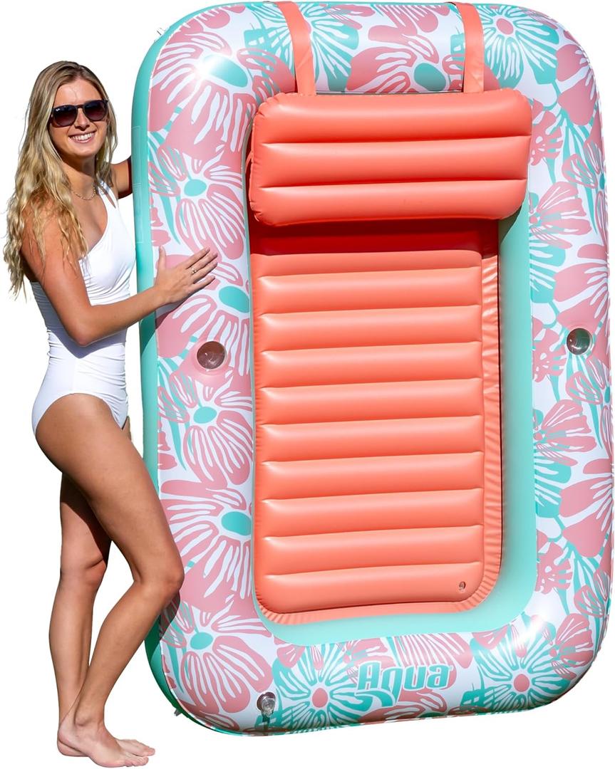 Aqua Inflatable Tanning Pool Lounger – Large (71 x 48 in) – Premium Pool Float with Cupholders and Removeable Pillow for Relaxation and Fun, Pink Flower Coral