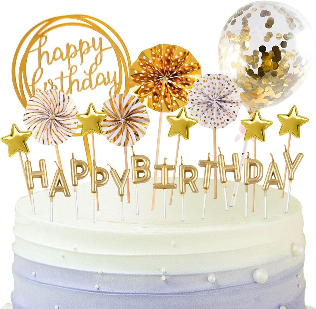 BEAN LIEVE Birthday Candles Set - Cake Topper Decoration with Cake Candles Confetti Balloon Stars and Fan Cupcake Toppers 12 Pieces Birthday Cake Decor for Birthday Party Celebration (Gold)