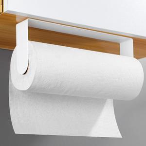 YIGII Adhesive Paper Towel Holder Under Cabinet - Stainless Steel Paper Towel Rack Stick on Wall Mount for Kitchen, White (Oval-Arm)