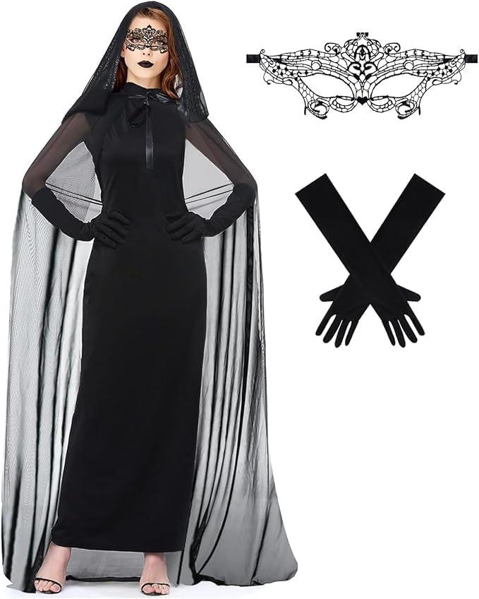 SKEFOLI Halloween Costume Women's Ghost Costume Black Ghost Bride Sexy Scary Queen Costume Halloween Cape Women Vampire