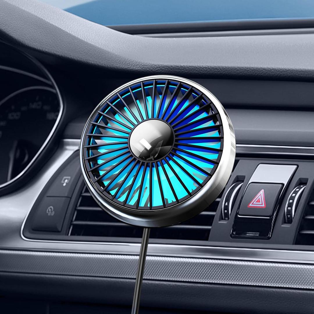 USB Car Ven Fan with Color Light, 360Rotatable Mini Portable Clip on Fans that Blow Cold Air, Car Ac Air Vent Booster Fan Small Cooler Cooling Fan for Vehicle, Van, Truck, SUV, Rv, Utv Cab