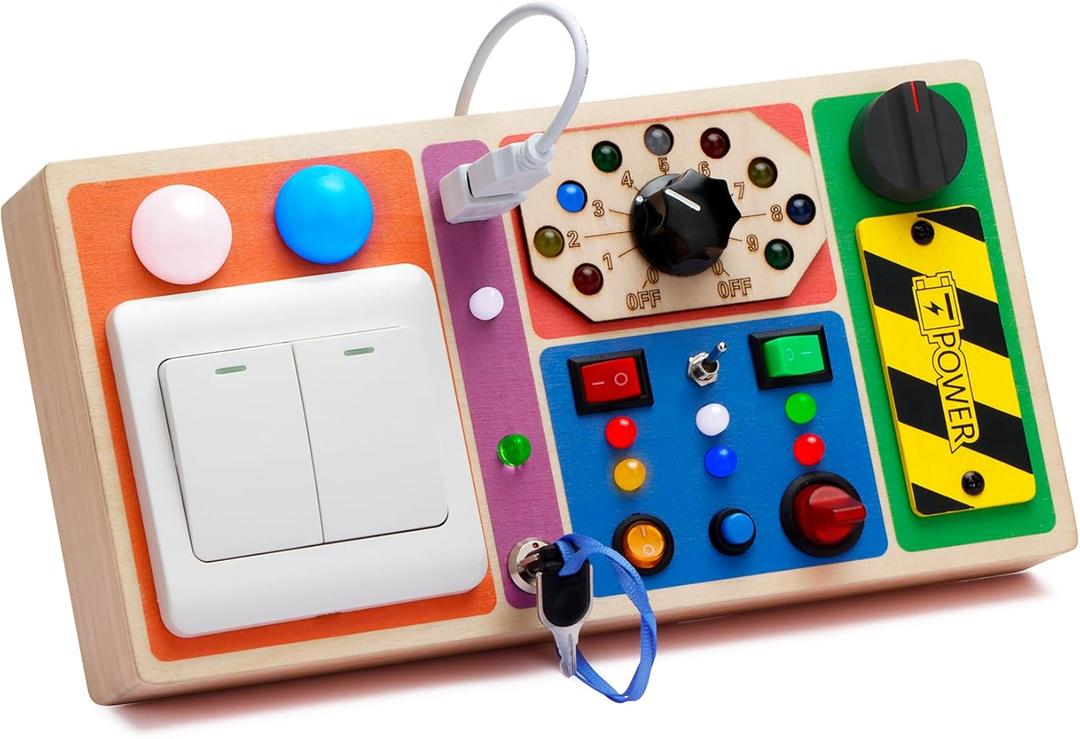 Busy Board with LED Light, Wooden Switches Board Sensory Toys for Toddlers 1-3, Toddlers Activity Travel Montessori Toys for 1 2 3 Year Old Boys Girls Birthday Gift