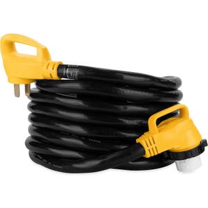 Camco Power Grip 25-Ft 50 Amp RV Extension Cord w/90 Locking End - Rated for 125/250V & 12,500W - Features Threaded Locking Ring for Weatherproof Connection & Coated w/Heat-Resilient PVC (55574)