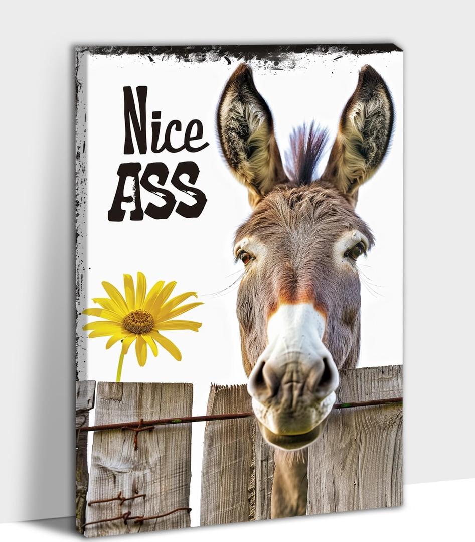 Funny Donkey Sunflower Nice Ass Wall Art, Nice Ass Quote Funny Donkey Canvas Paintings, Farmhouse Sunflower And Donkey Wall Picture, Nice Ass Donkey Animal Quotes for Bathroom Toilet 12x18 inch