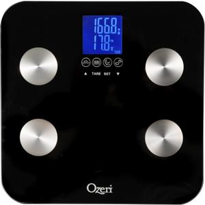 Ozeri Touch 440 lbs Total Body Weight Scale (Body Fat, Muscle, Bone, Weight & Hydration), Auto Recognition Bath Scale with Infant Tare (Black)