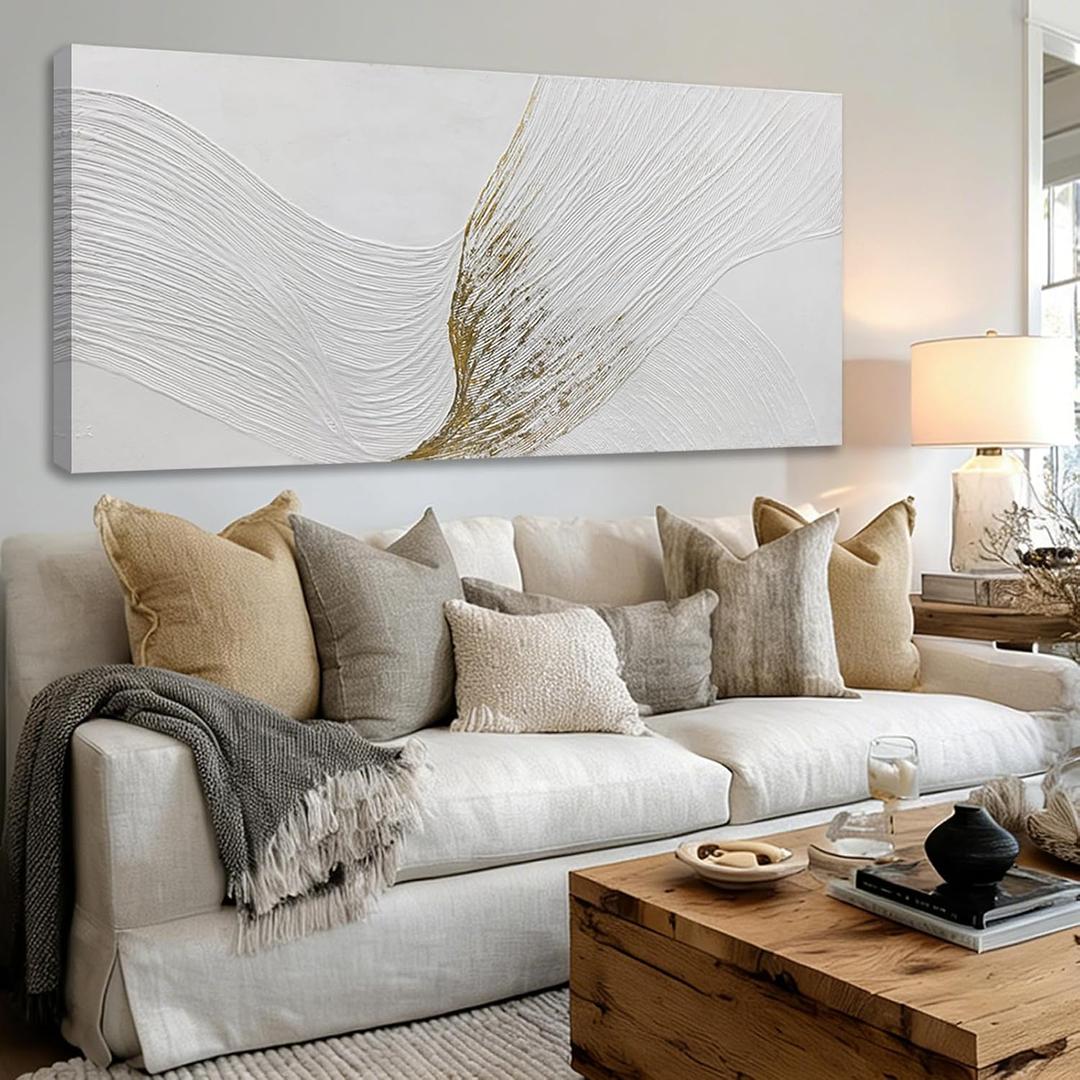 White Gold Abstract Hand Painted Wall Art Canvas for Living Room 24x48 Inch