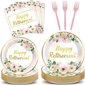 96Pcs Flower Retirement Party Decorations for Women White Peony Happy Retirement Plates Tableware Pink Gold Floral Retirement Dinnerware Napkin for Goodbye Going Away Farewell Party Supplies 24 Guests