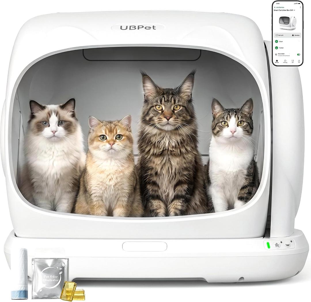UBPET Automatic Litter Box, 106L Extra Large Self-Cleaning Cat Litter Box for Multiple Cats, Smart App Control, Odor-Control System, Anti-Pinch Safety Design, Includes Waste Bags and Deodorizer Blocks