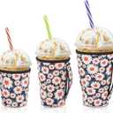 Iced Coffee Sleeve Insulator Sleeves for Cold Drinks Beverages, 3 Pack Reusable Neoprene Cup Sleeve with Handle for 16-32oz Coffee cups(Daisy Blooming)