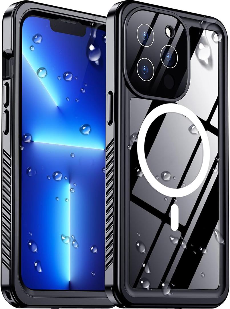 Temdan Compatible with iPhone 13 Pro Max Case Waterproof, Built-in Screen & Camera Protector IP68 Underwater Full Body 13FT Military Dropproof Shockproof Phone Case 6.7"-Black/Clear-Mag
