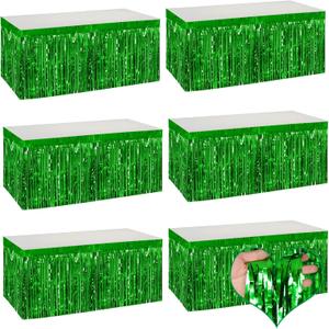6 Pack 29x108 Inch Green Metallic Foil Fringe Table Skirts Banner for Tinsel Streamer Garland Curtains Backdrop for Parade Floats Wedding Baby Shower Birthday Christmas Halloween Party Decoration