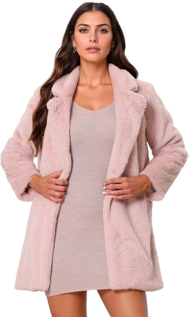 Allegra K Women's Faux Fur Coat Lapel Warm Overcoat Winter Open Front Casual Long Fluffy Jackets,XS