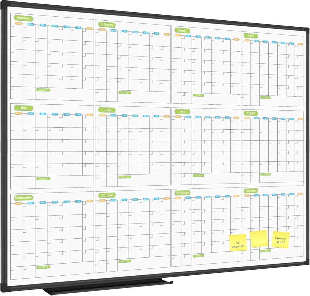 JILoffice Magnetic Dry Erase Calendar Whiteboard, 12 Months White Board Planner 48 X 36 Inch, Black Aluminum Frame Wall Mounted Board for Office Home and School