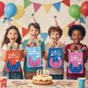 16 Pack Tropical Rainbow Party Favor Bags with Handles - Cute Cartoon Goodie Bags for Kids Birthday, Luau, Summer Beach Theme - Colorful Paper Treat Gift Bags for Classroom Prizes & Candy (Pink Blue Red)