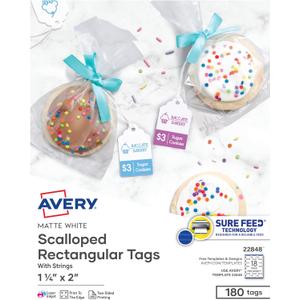 Avery Scalloped Printable Tags, Sure Feed Technology, 2" x 1.25", White, Includes String, Laser/Inkjet Printable, 180 Total, Great for Branding, Gifts, Merchandising, and More (22848)