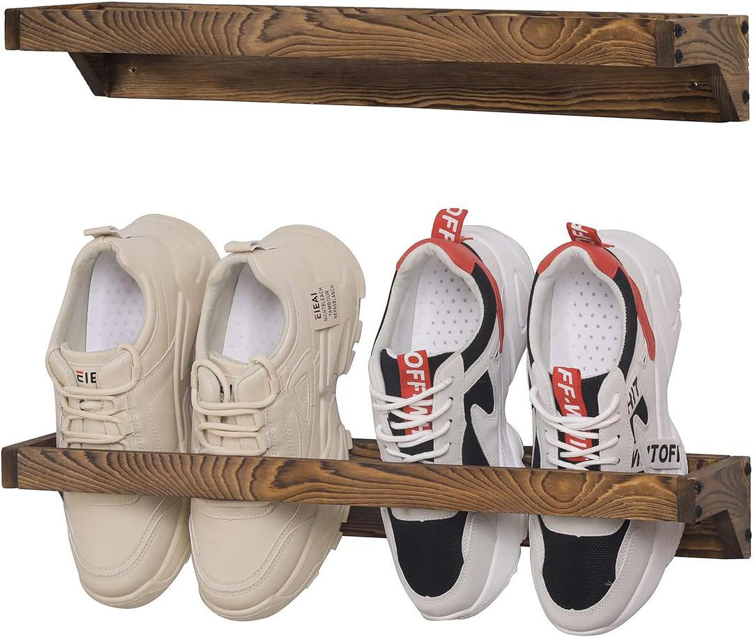 MyGift Set of 2 Solid Wooden Wall Mounted Shoe Rack Storage Organizer with Rustic Burnt Wood Finish, Hanging Footwear Holder for Closet, Mudroom, Entryway, Holds 4 Pairs, Medium