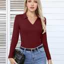 VICHYIE Womens Long Sleeve Shirts Lapel Collared V Neck Slim Fitted Ribbed Knit Trendy Tight Polo Tops (L)