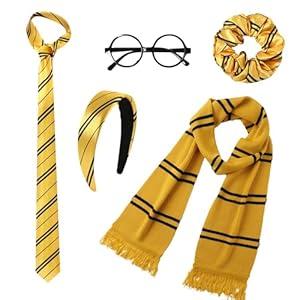 WooHand Wizard Costume Accessories for Girls and Women Striped Tie Scarf Headband Scrunchies Glasses for Halloween Cosplay College Party Dress Up Yellow