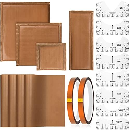 Tatuo 18 Pcs Heat Press Pillow Mat Kit 4 Size Pressing Transfer Pillows, 4 PTFE Transfer Sheet, 2 Heat Resistant Tape and 8 Size T Shirt Ruler Guide for DIY Screen Printing Sublimation Project(Brown)