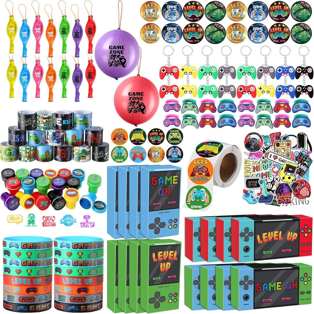 HyDren 179 Pcs Video Game Party Favors Includes Video Game Goodie Treat Boxes Punch Balloons Silicone Bracelets Keychains Badges Stickers for Gaming Birthday Party Supplies (Vivid Style)