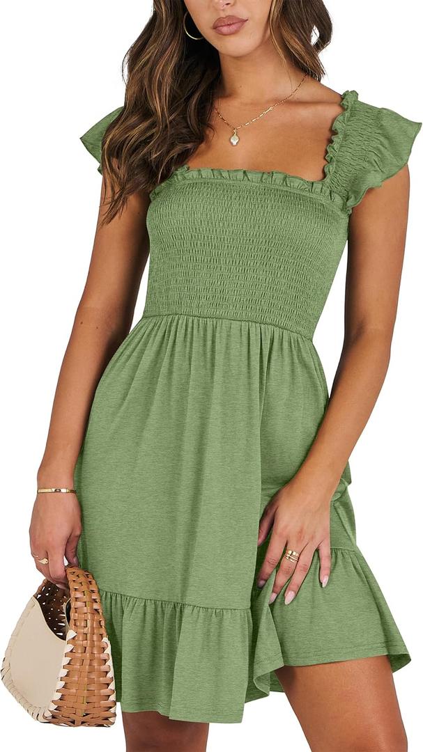ANRABESS Women's Summer Casual Sleeveless Square Neck Dress 2025 Smocked Ruffle Backless Boho Beach Cute Teen Short Sundress (Large, Light Green)