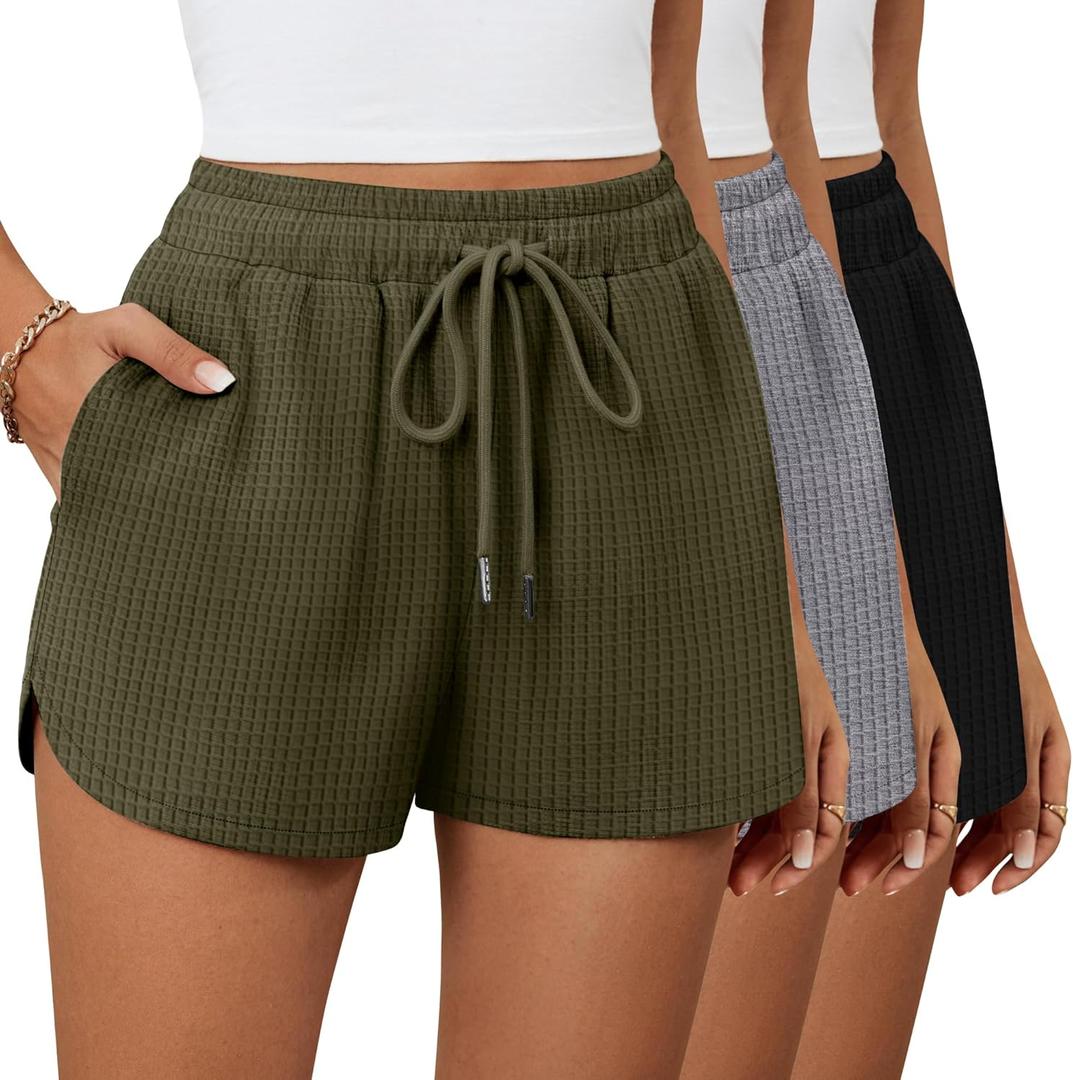 Riyiper 3 Pack Women's Waffle Knit Shorts Drawstring Lounge Summer Comfy Casual Shorts with Pockets (Large, Black, Gray, Army Green)