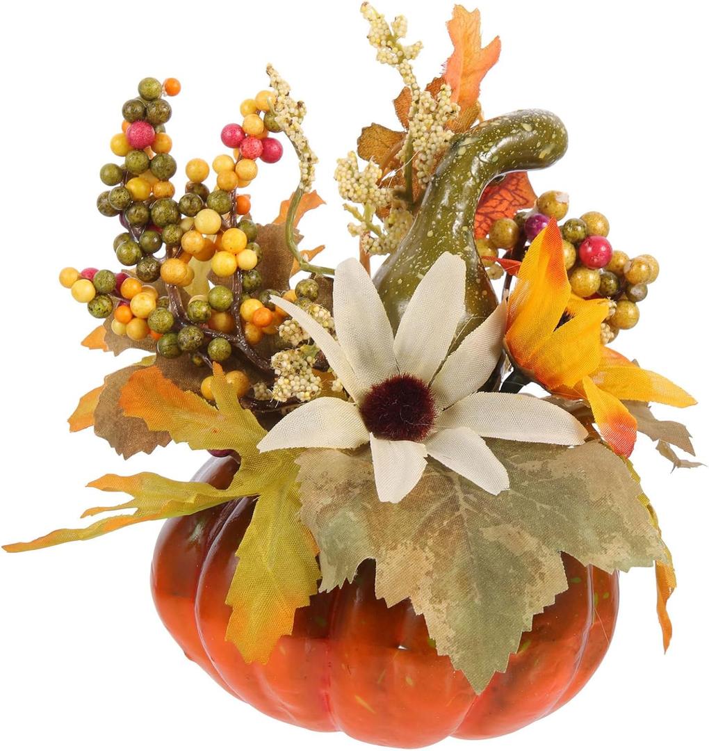 Cabilock Artificial Pumpkin Ornament with Sunflower and Maple Leaf 3.54 Inch Faux Pumpkin Decor for Halloween Thanksgiving Autumn Table Centerpiece and Home Party Decoration