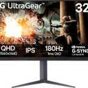 LG 32" Ultragear QHD (2560x1440) Gaming Monitor, 180Hz, 1ms, IPS, DisplayHDR 400, NVIDIA G-SYNC Compatible, AMD FreeSync, VESA Adaptive Sync, HDR10, Tilt/Height/Pivot Stand, HDMI, DisplayPort, Black