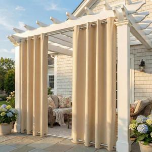 NICETOWN Weighted Outdoor Curtains for Patio Waterproof, Thermal Insulated Room Darkening Top & Bottom Grommets Drape, Windproof and Better Privacy for Porch, Biscotti Beige, W52 x L84, 1 Panel